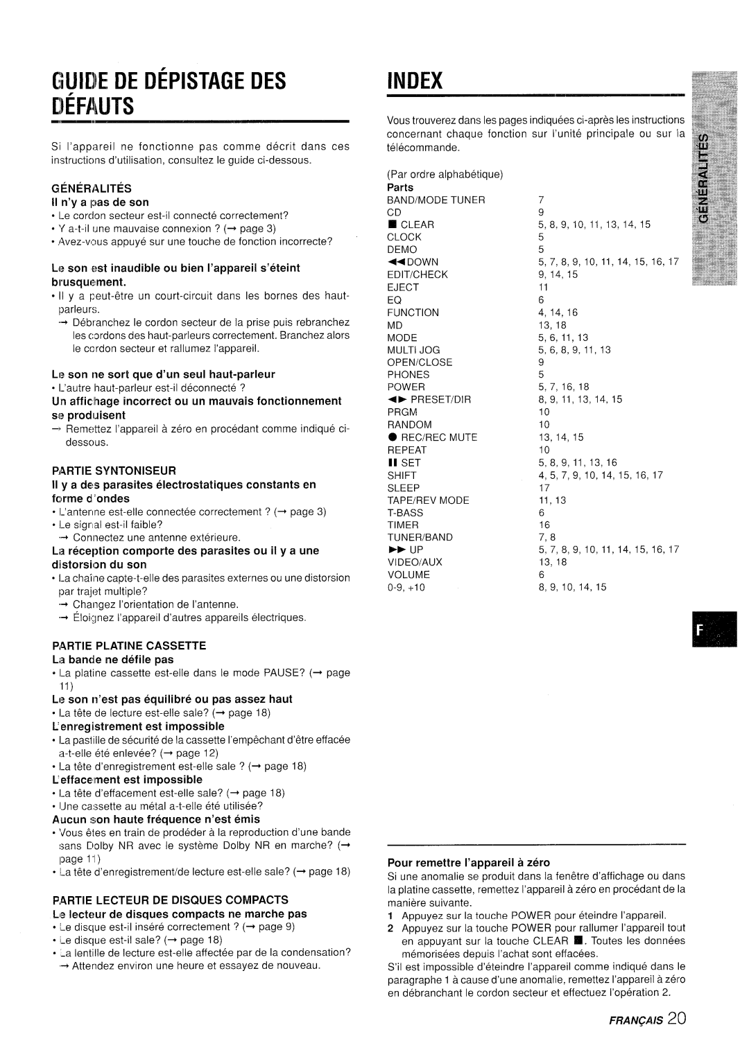 Aiwa XR-M35 manual Mjiiiie De Depistage Des Iiefauts, Index, GENERALITES II n’y a pas de son, Partie Syntoniseur, Parts 