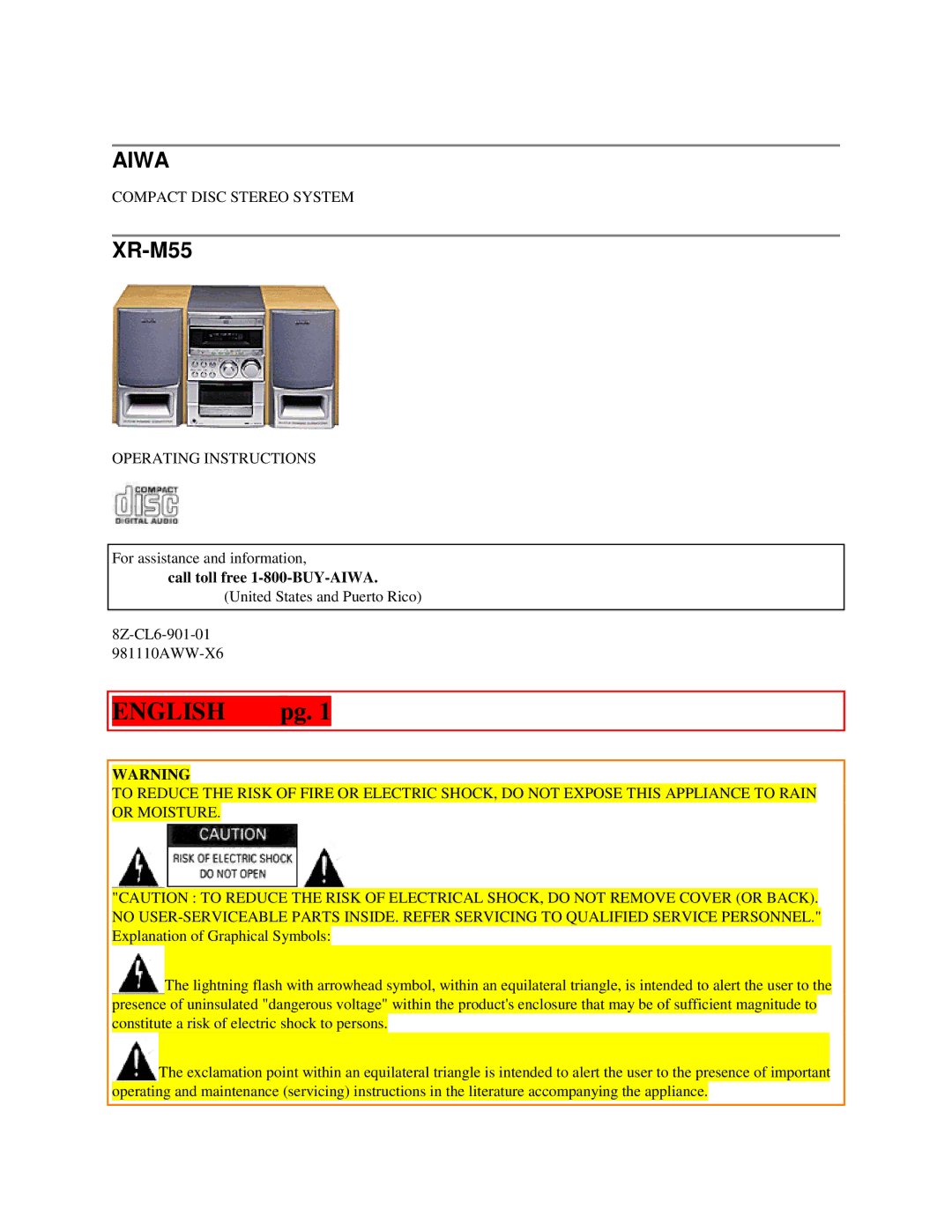 Aiwa XR-M55 operating instructions Aiwa, Call toll free 1-800-BUY-AIWA 