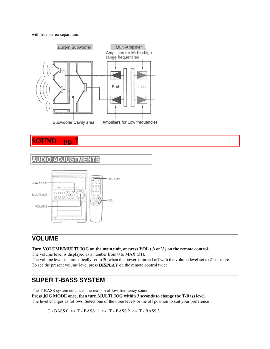 Aiwa XR-M55 operating instructions Sound pg, Audio Adjustments, Volume, Super T-BASS System 