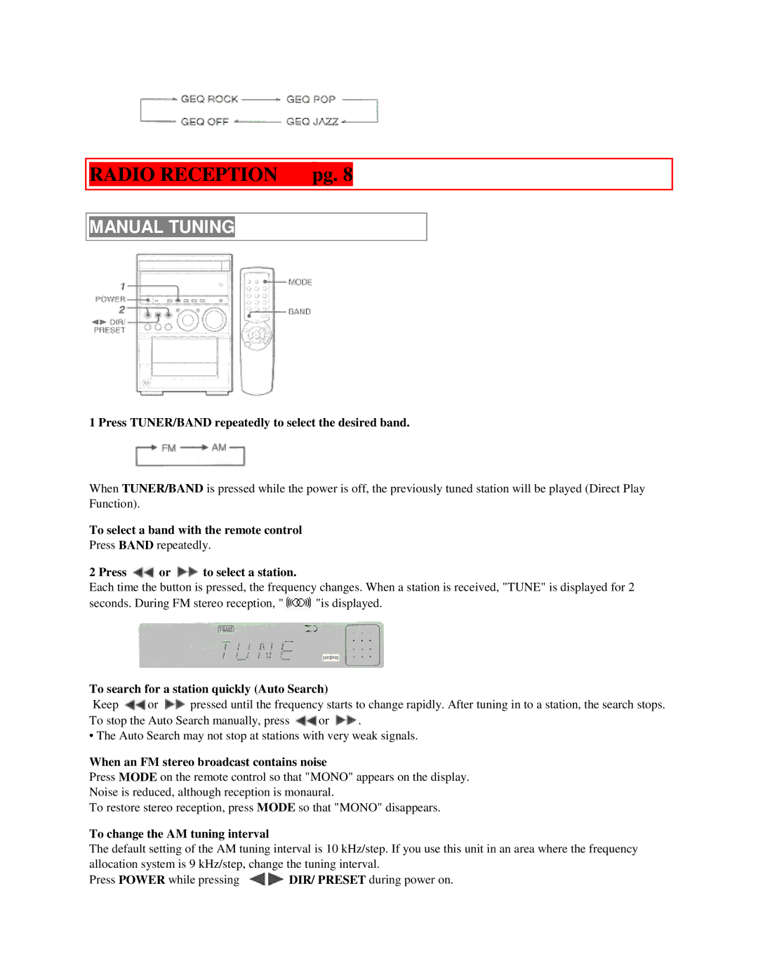 Aiwa XR-M55 operating instructions Radio Reception pg, Manual Tuning 