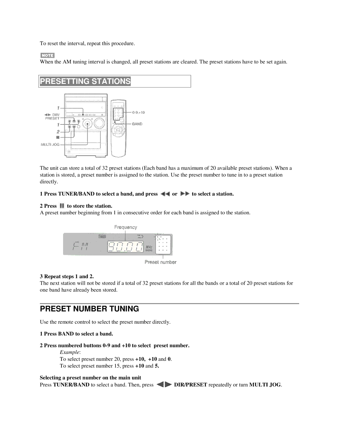 Aiwa XR-M55 Presetting Stations, Preset Number Tuning, Repeat steps 1, Selecting a preset number on the main unit 