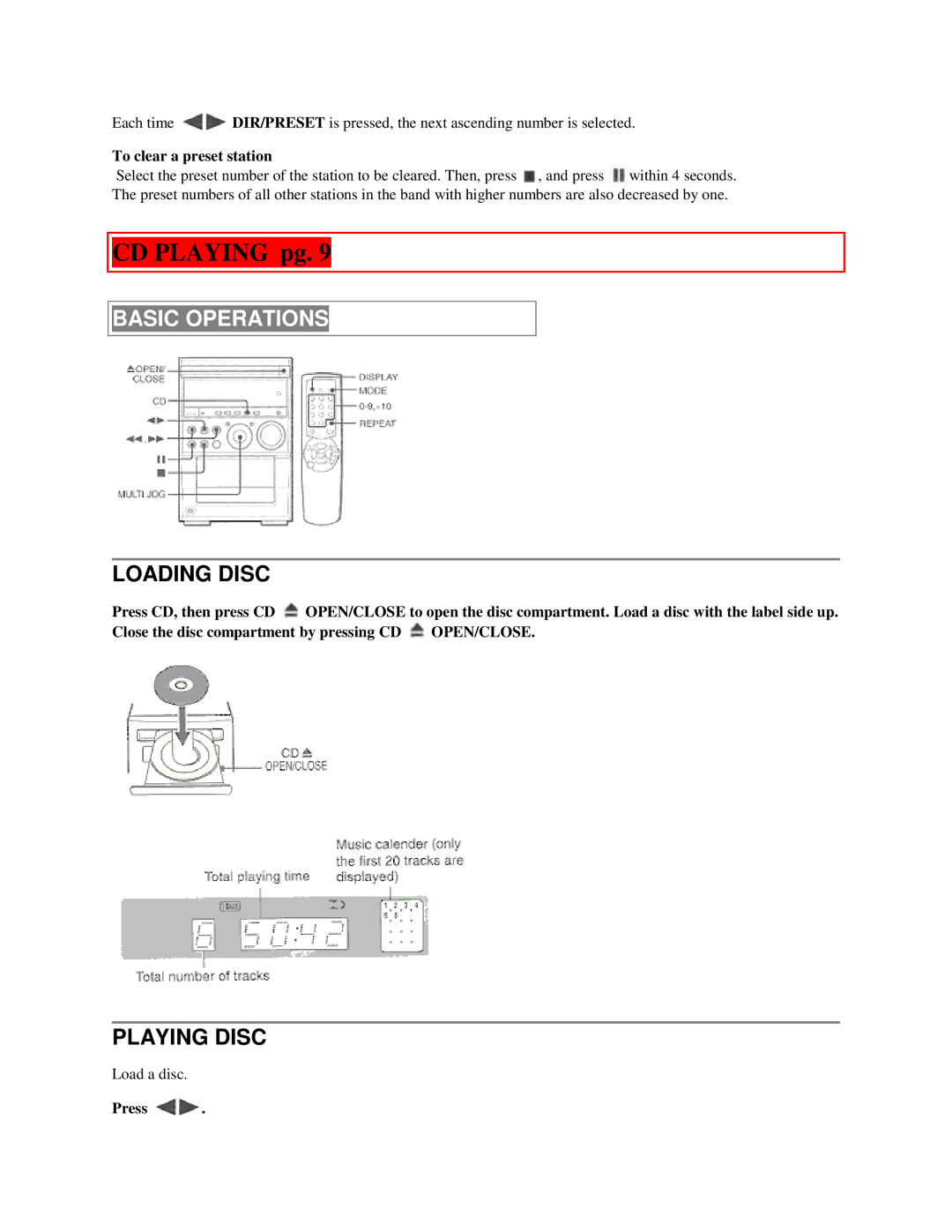 Aiwa XR-M55 operating instructions CD Playing pg, Basic Operations, Loading Disc, Playing Disc 