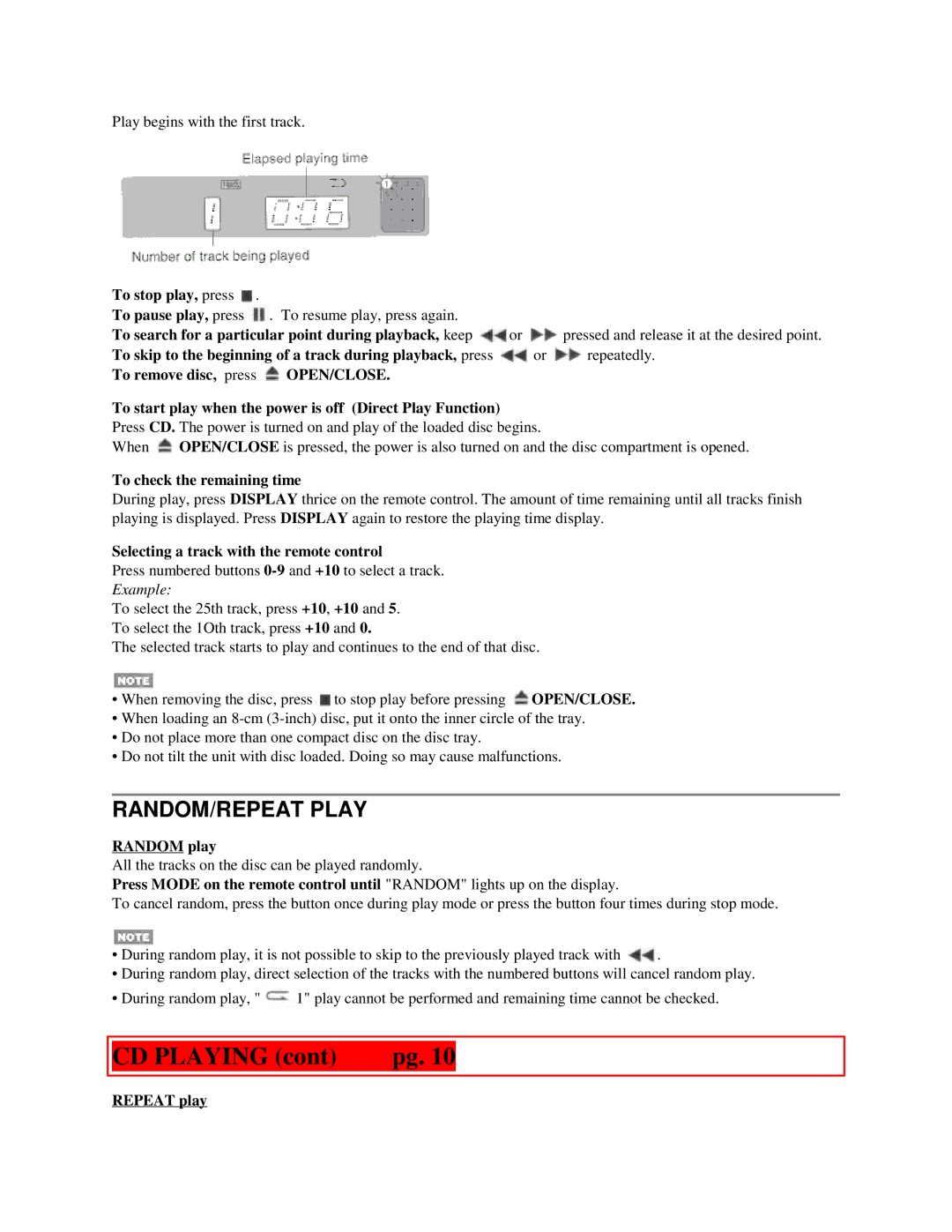 Aiwa XR-M55 operating instructions CD Playing, RANDOM/REPEAT Play 