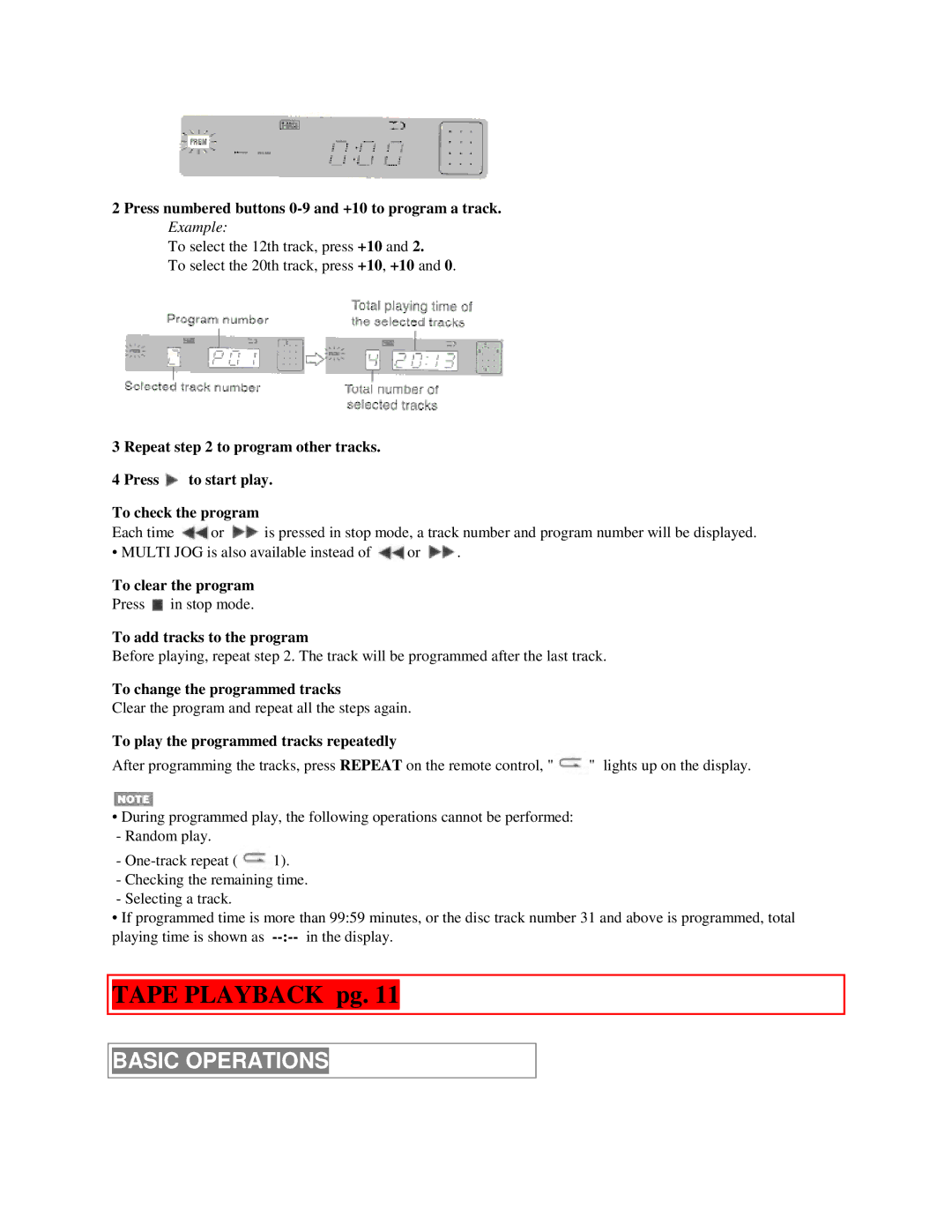 Aiwa XR-M55 operating instructions Tape Playback pg 