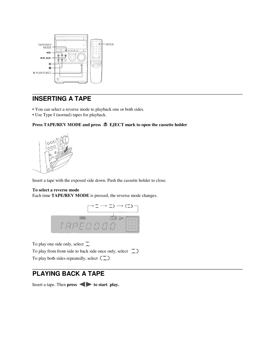 Aiwa XR-M55 Inserting a Tape, Playing Back a Tape, To select a reverse mode, Insert a tape. Then press to start play 
