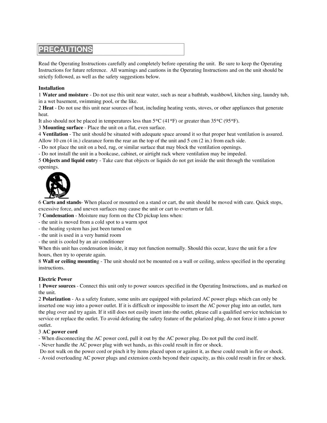 Aiwa XR-M55 operating instructions Precautions, Installation, Electric Power, AC power cord 