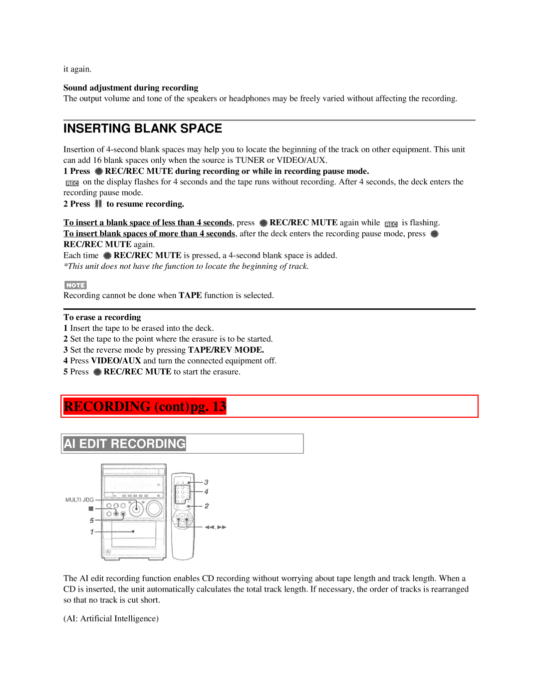 Aiwa XR-M55 Recording contpg, Inserting Blank Space, AI Edit Recording, Sound adjustment during recording 