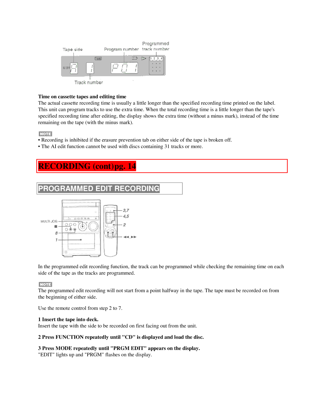 Aiwa XR-M55 operating instructions Programmed Edit Recording, Time on cassette tapes and editing time 