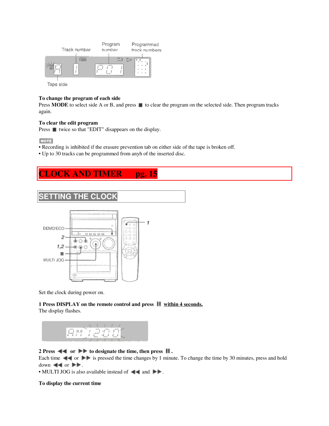 Aiwa XR-M55 Clock and Timer pg, Setting the Clock, To change the program of each side, To display the current time 