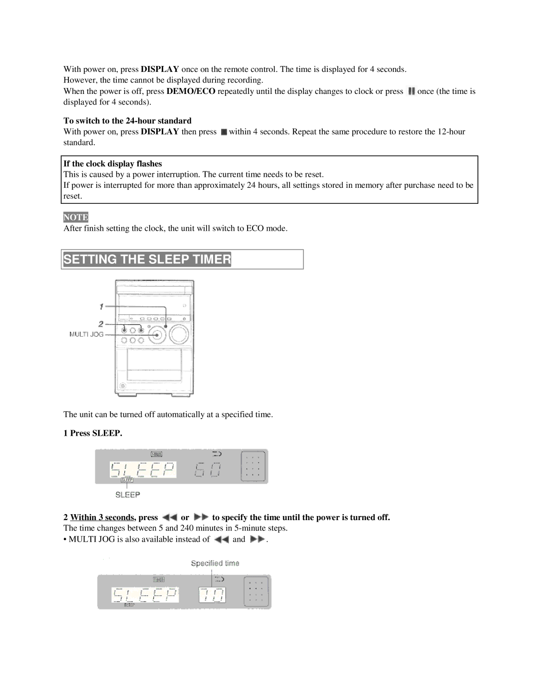 Aiwa XR-M55 operating instructions Setting the Sleep Timer, To switch to the 24-hour standard, If the clock display flashes 