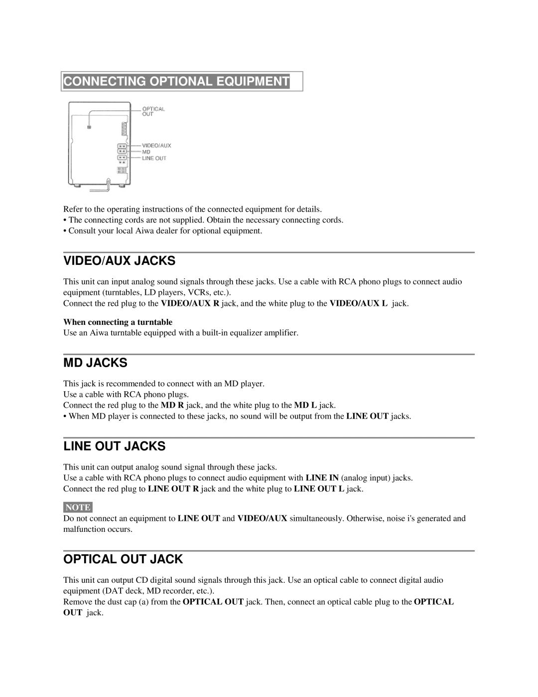 Aiwa XR-M55 Connecting Optional Equipment, VIDEO/AUX Jacks, MD Jacks, Line OUT Jacks, Optical OUT Jack 