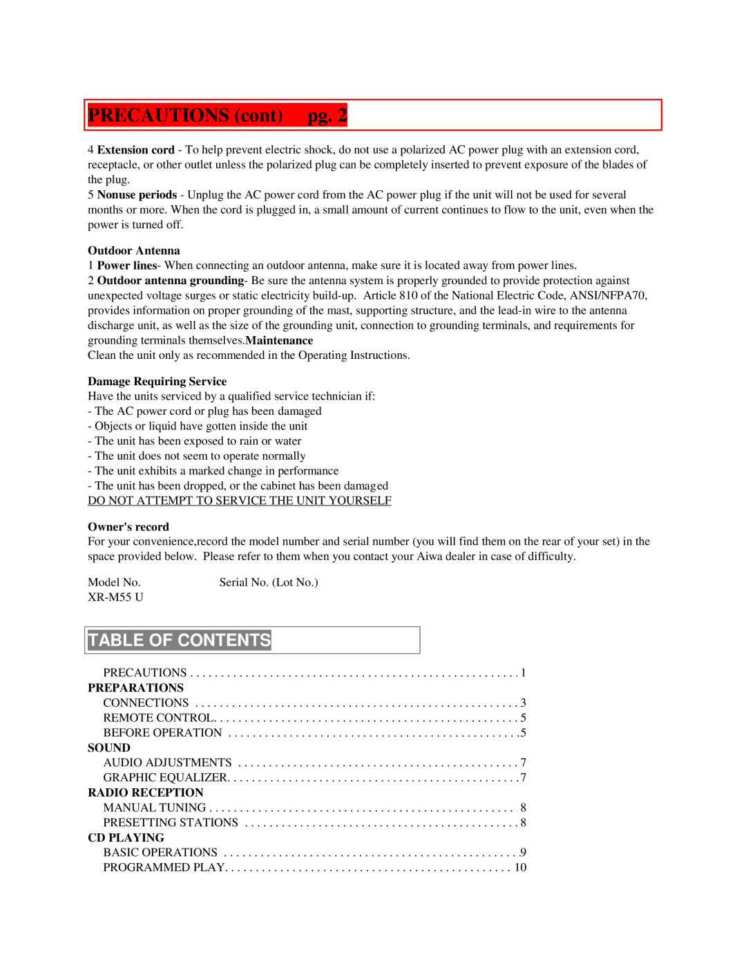 Aiwa XR-M55 operating instructions Precautions cont pg, Table of Contents 