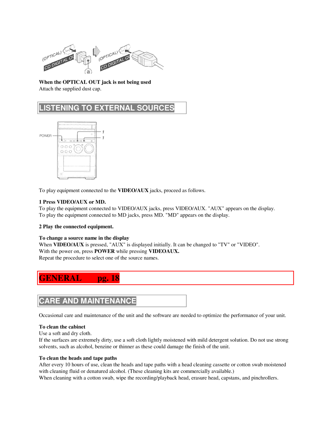 Aiwa XR-M55 operating instructions General pg, Listening to External Sources, Care and Maintenance 