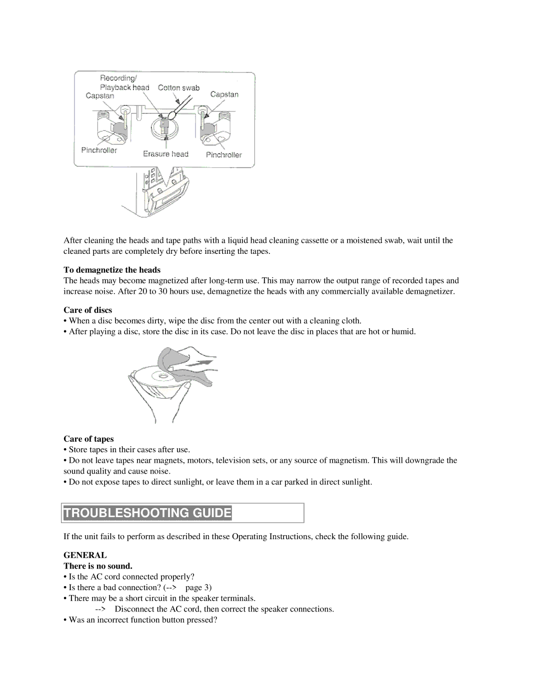 Aiwa XR-M55 Troubleshooting Guide, To demagnetize the heads, Care of discs, Care of tapes, There is no sound 