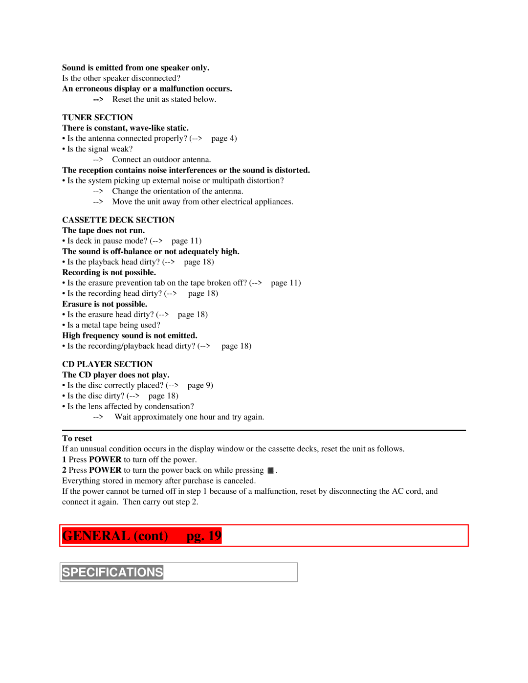 Aiwa XR-M55 operating instructions General cont pg, Specifications 