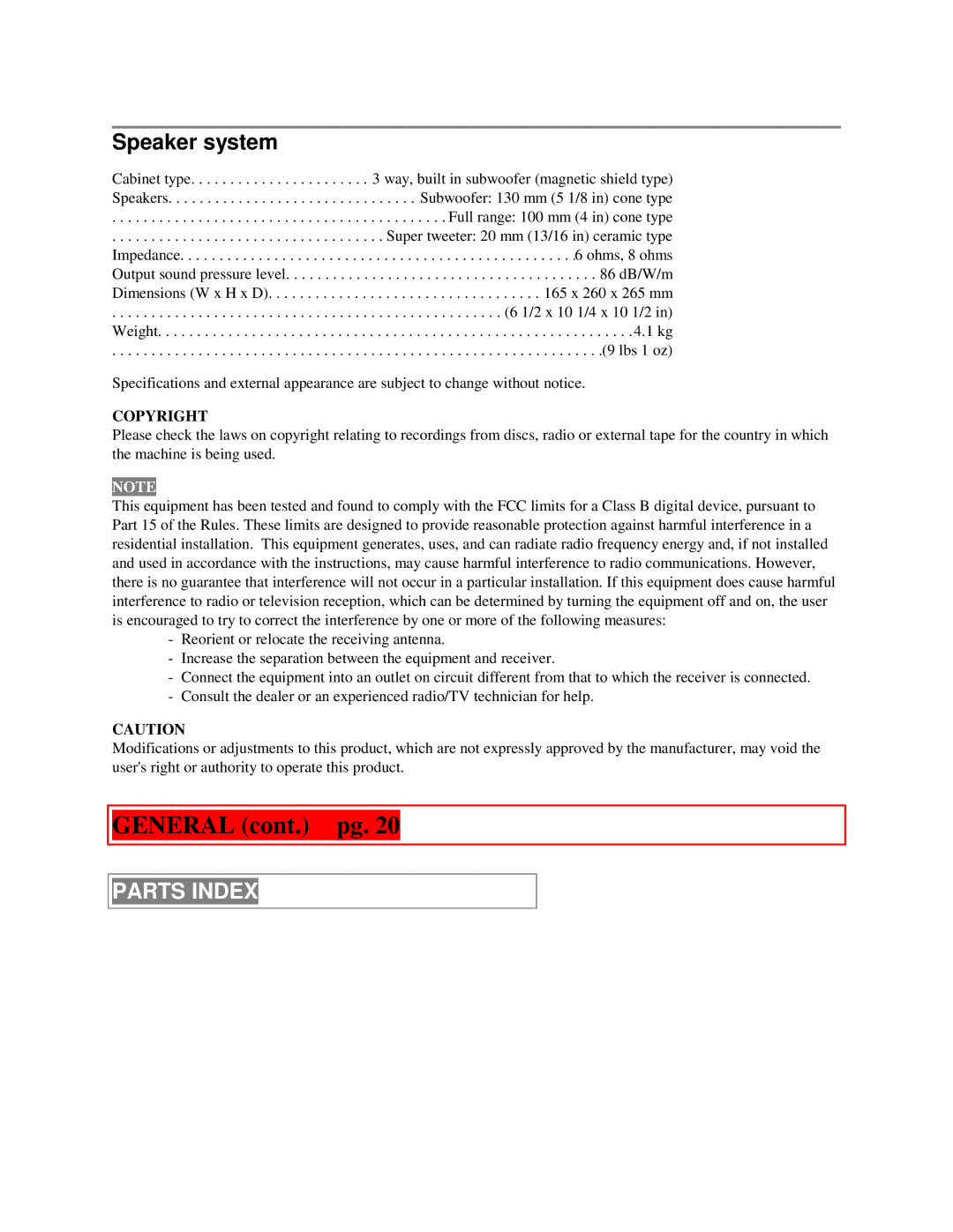 Aiwa XR-M55 operating instructions General cont. pg, Parts Index 