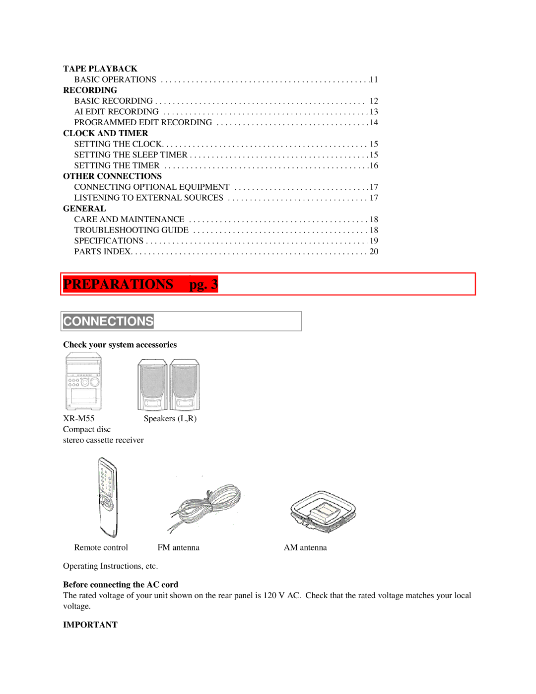 Aiwa XR-M55 Preparations pg, Connections, Check your system accessories, Before connecting the AC cord 