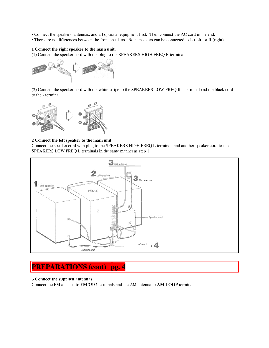 Aiwa XR-M55 Preparations cont pg, Connect the right speaker to the main unit, Connect the left speaker to the main unit 