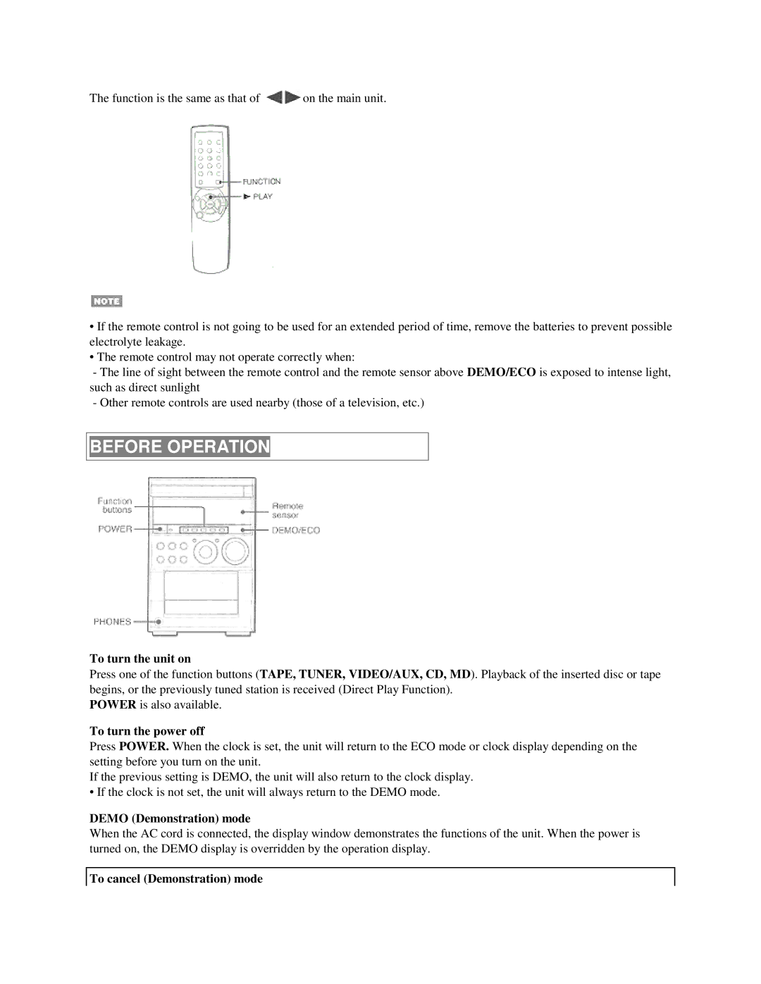 Aiwa XR-M55 operating instructions Before Operation, To turn the unit on, To turn the power off, Demo Demonstration mode 