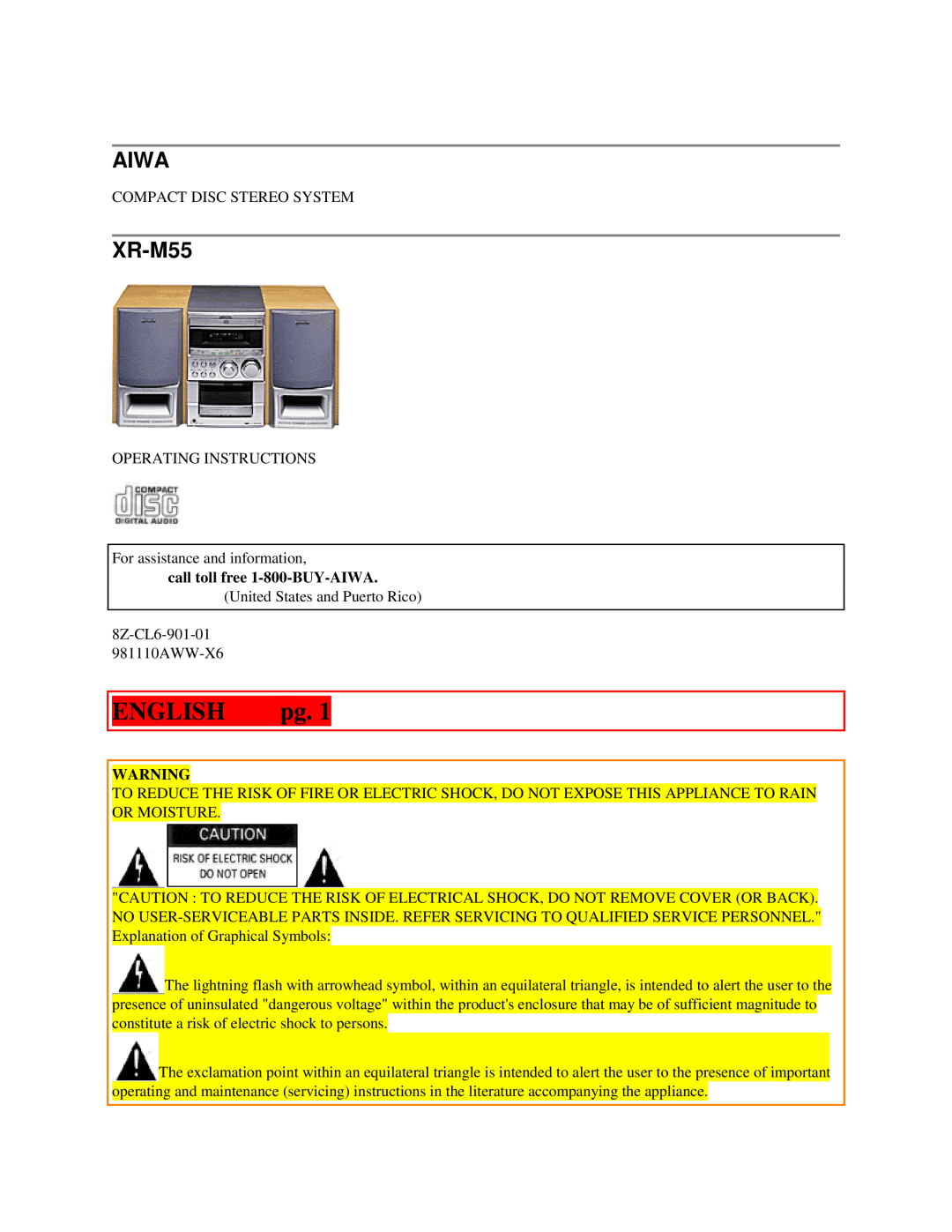 Aiwa XR-M55 operating instructions English, Aiwa, call toll free 1-800-BUY-AIWA 