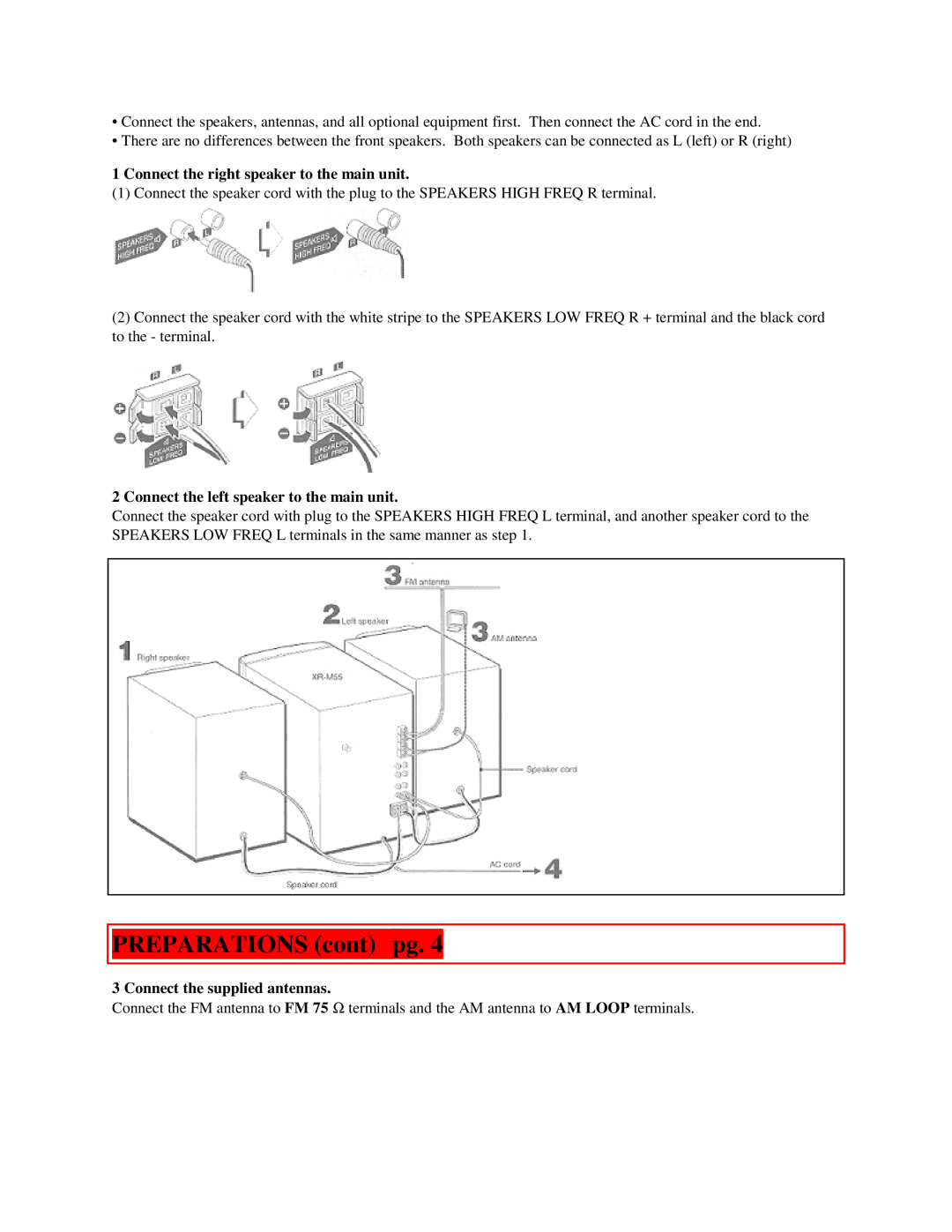 Aiwa XR-M55 PREPARATIONS cont pg, Connect the right speaker to the main unit, Connect the left speaker to the main unit 