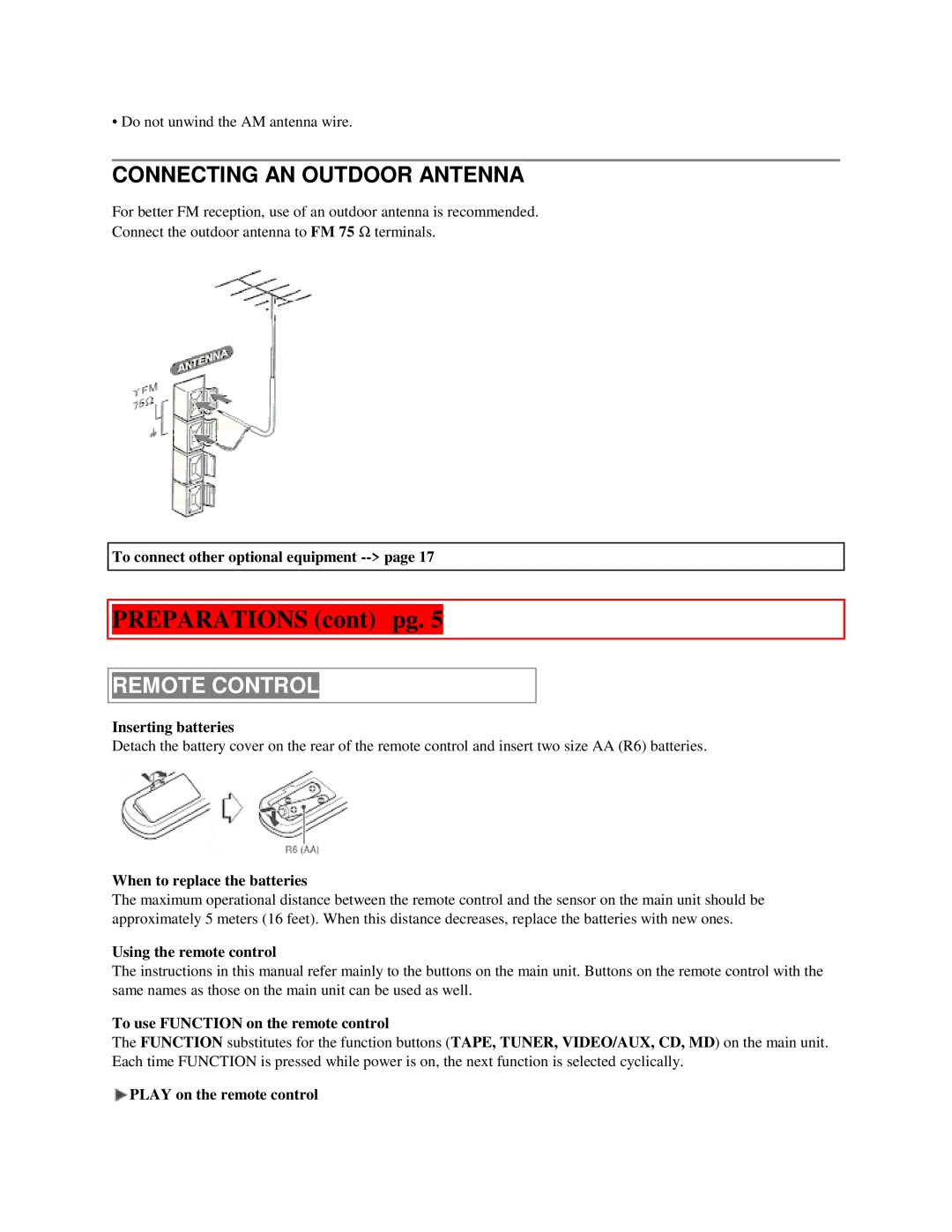Aiwa XR-M55 Connecting An Outdoor Antenna, Remote Control, To connect other optional equipment -->page 