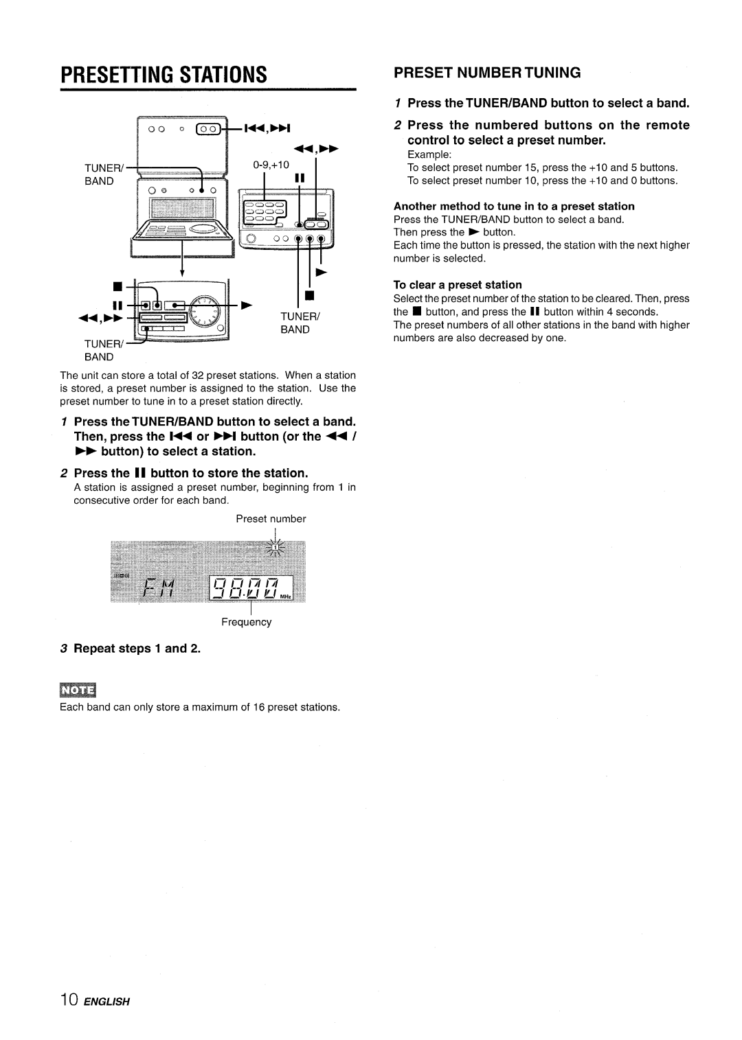 Aiwa XR-M70 manual Presetting Stations, Preset Number Tuning, Repeat steps 1, Another method to tune in to a preset station 