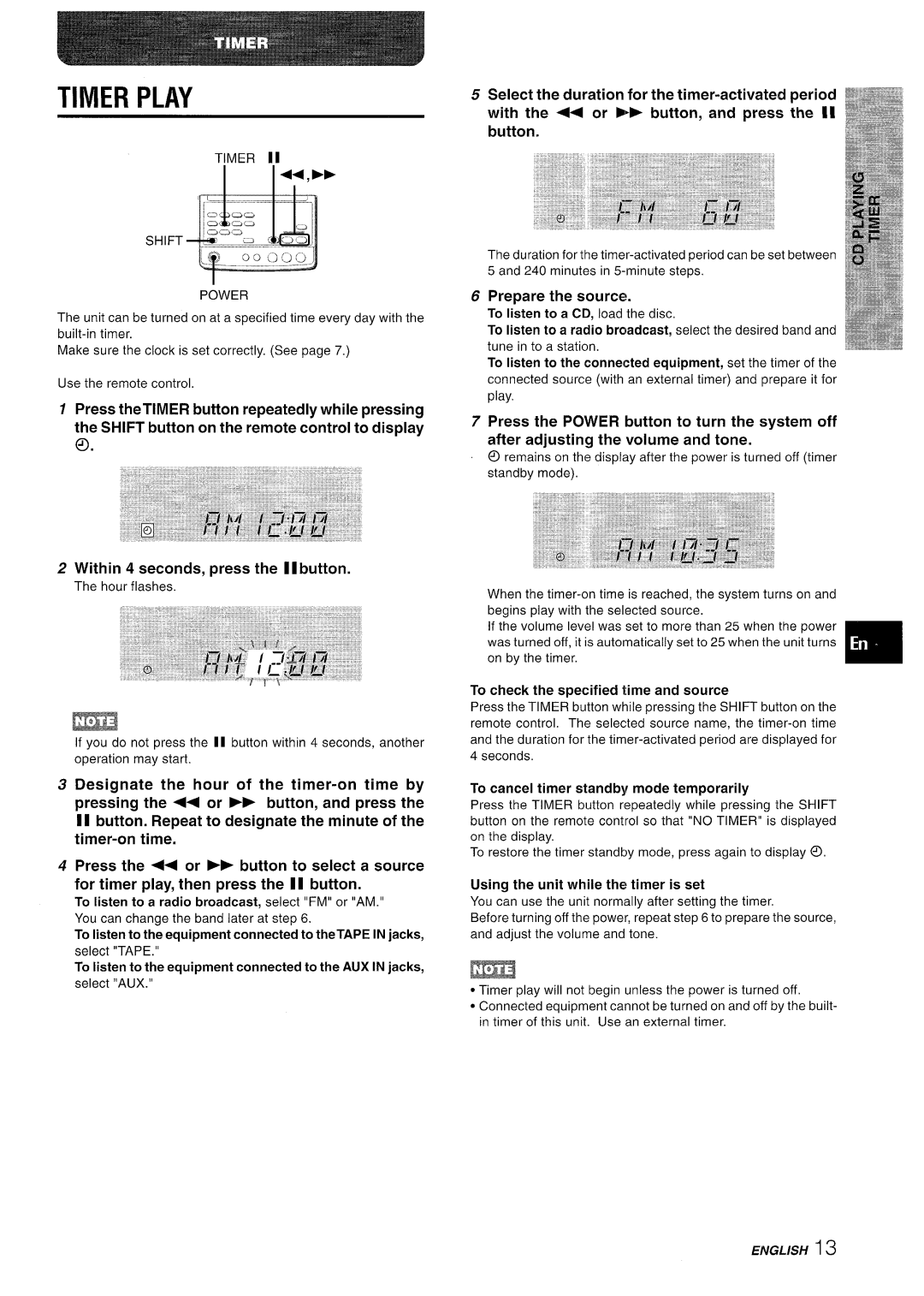 Aiwa XR-M70 manual Timer Play, For timer play, then press the 11button, Prepare the source 