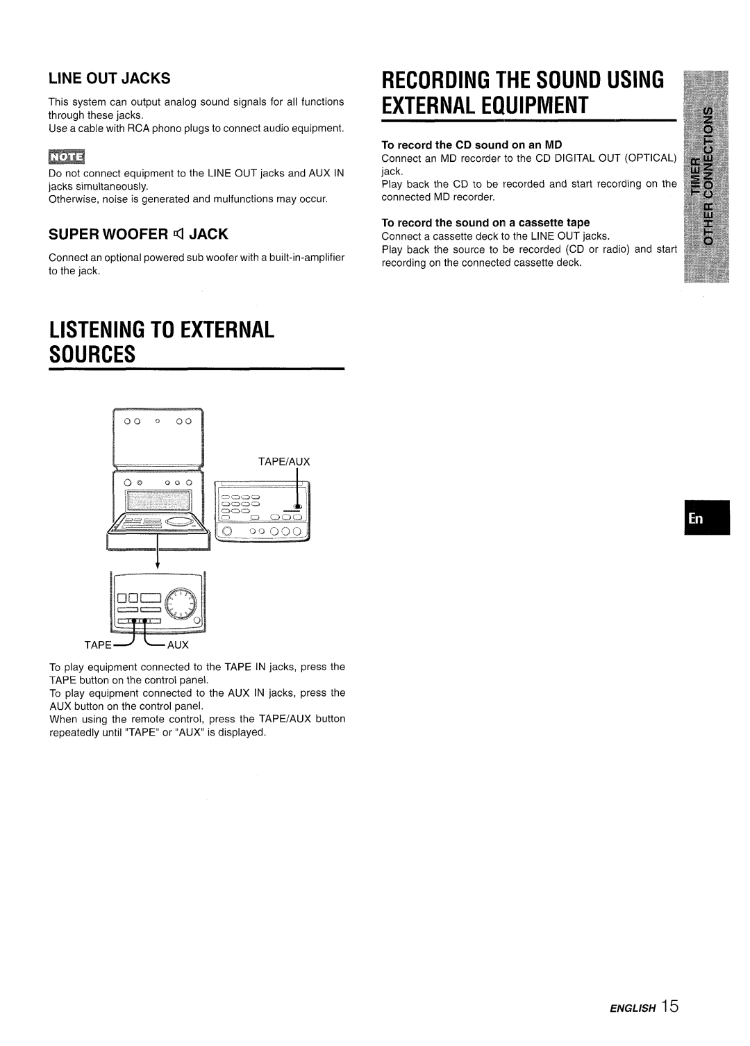 Aiwa XR-M70 manual Listening to External Sources, Recording the Sound Using External Equipment, Line OUT Jacks 