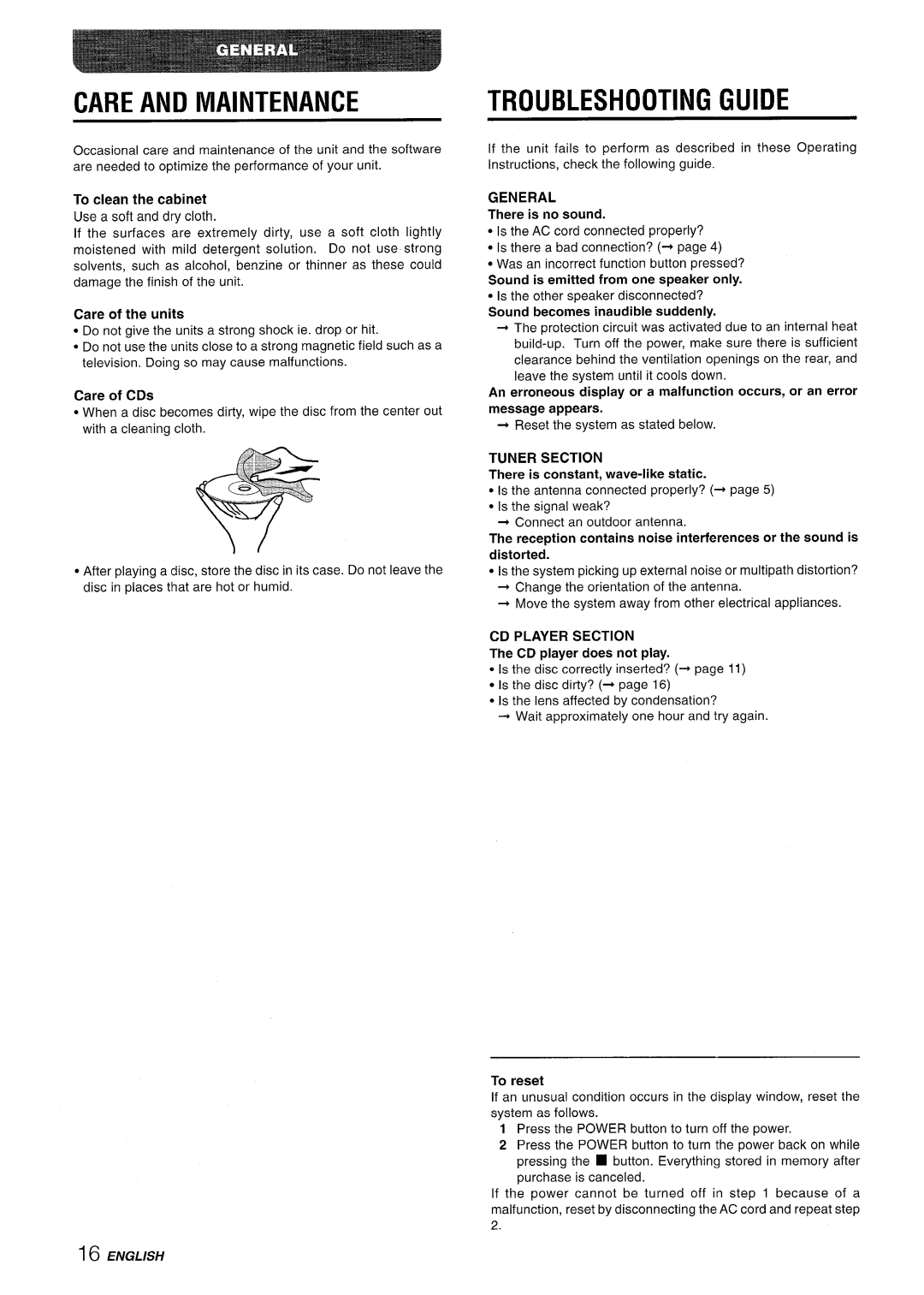 Aiwa XR-M70 manual Care and Maintenance, Troubleshooting Guide, Tuner Section, CD Player Section 