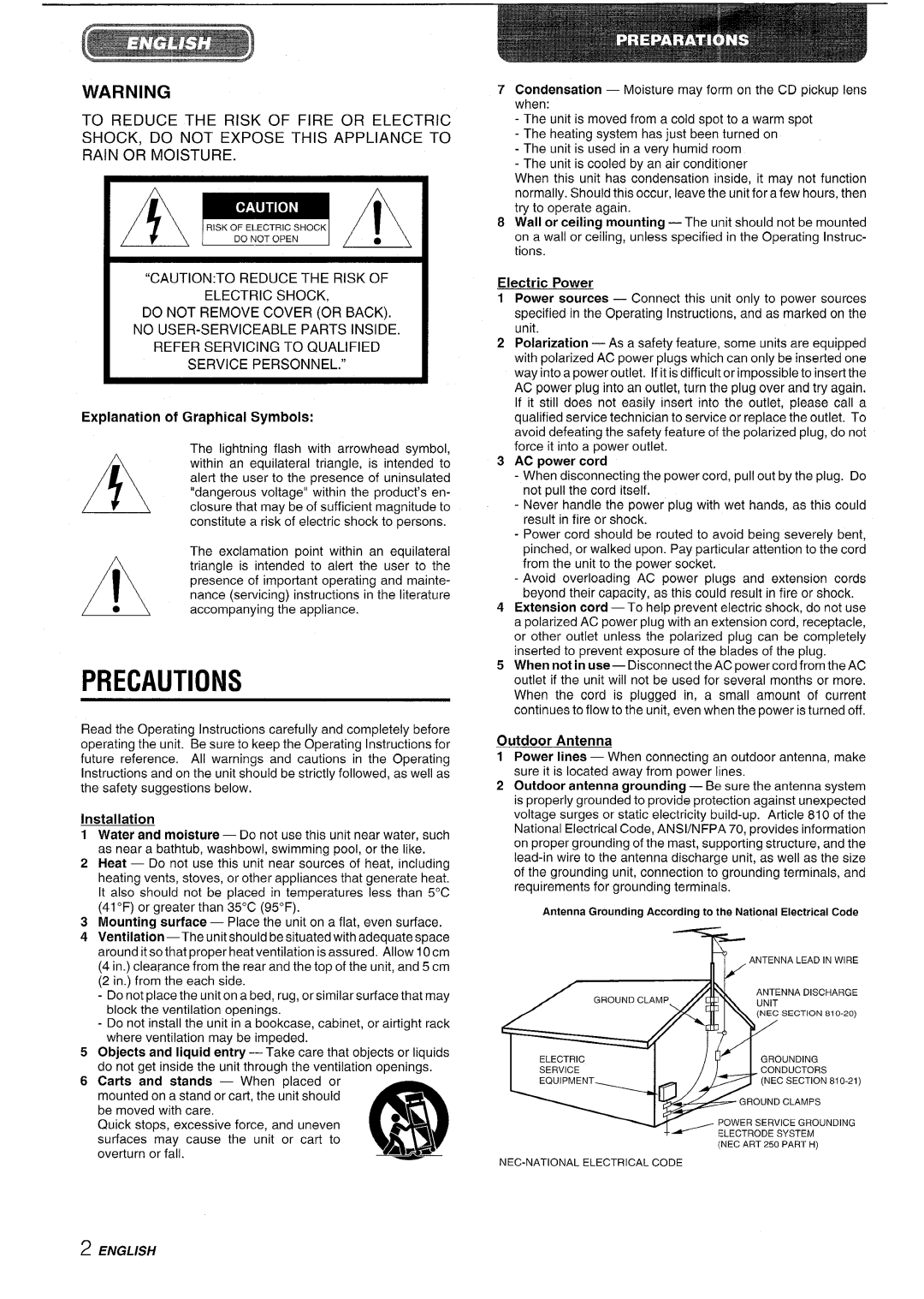 Aiwa XR-M70 manual Precautions, Rain or Moisture, Outdoor Antenna, NEC-NATIONAL Electrical Code 