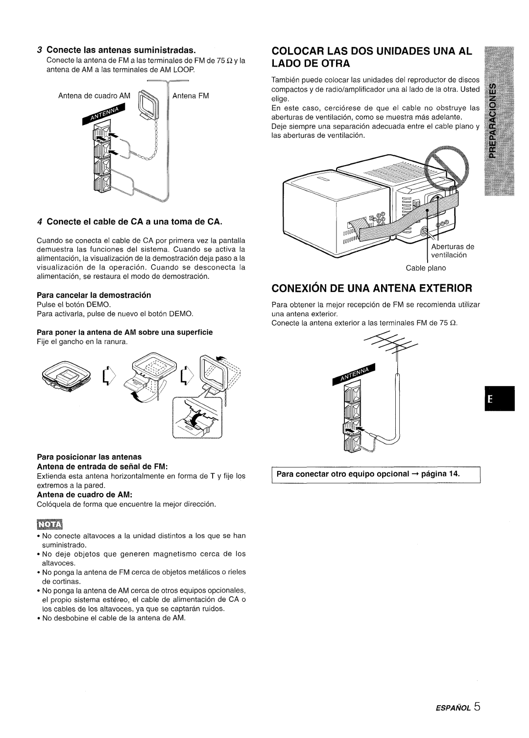 Aiwa XR-M70 manual Colocar LAS DOS Unidades UNA AL Lado DE Otra, Conexion DE UNA Antena Exterior 