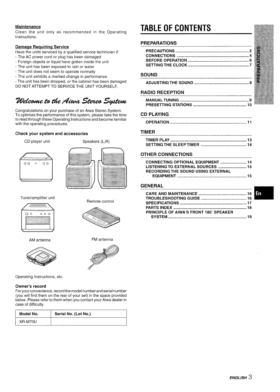 Aiwa XR-M70 manual Contents 