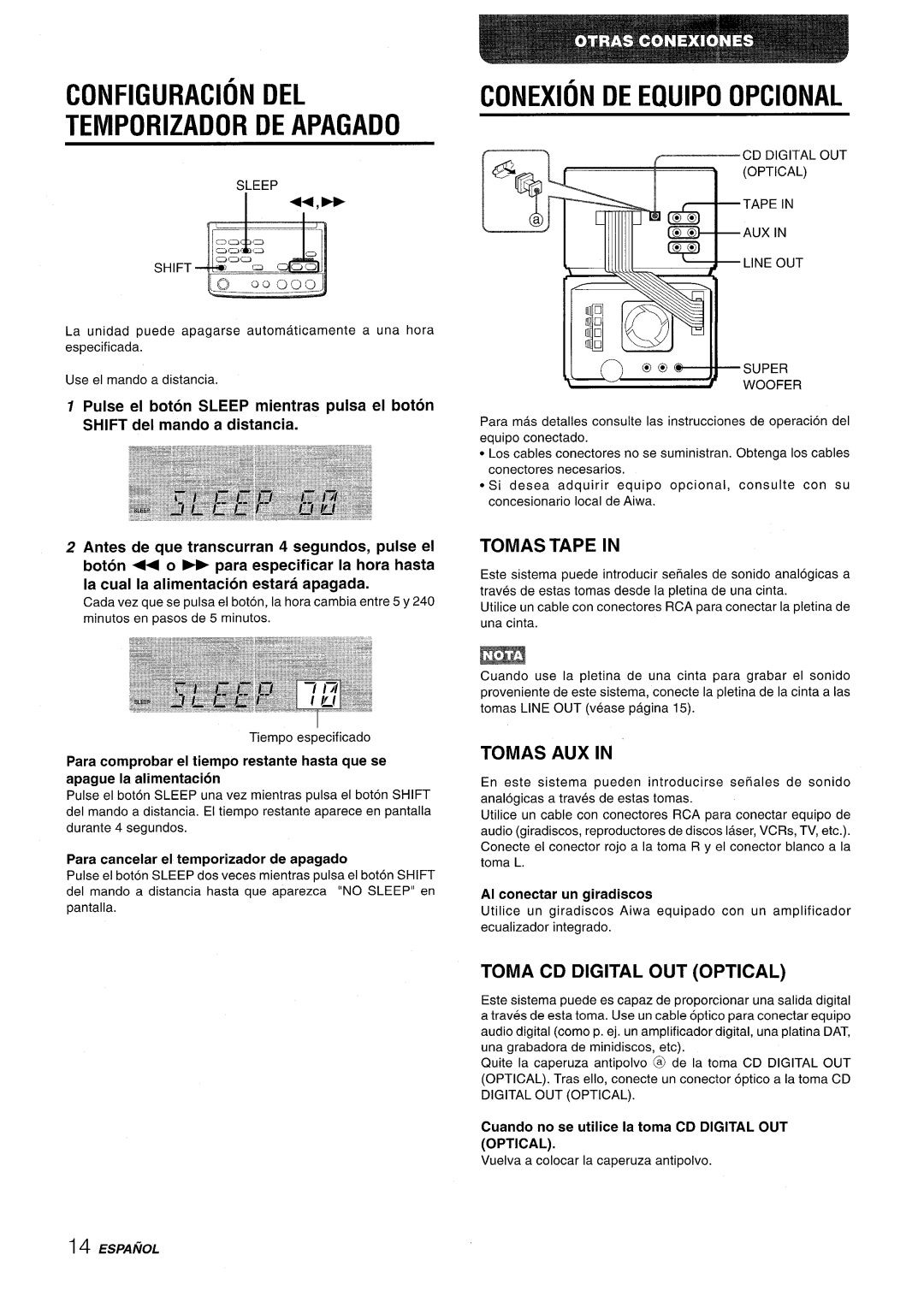 Aiwa XR-M70 manual Configuration DEL Temporizador DE Apagado, Conexion DE Equipo Opcional, Tomas Tape, Tomas AUX 