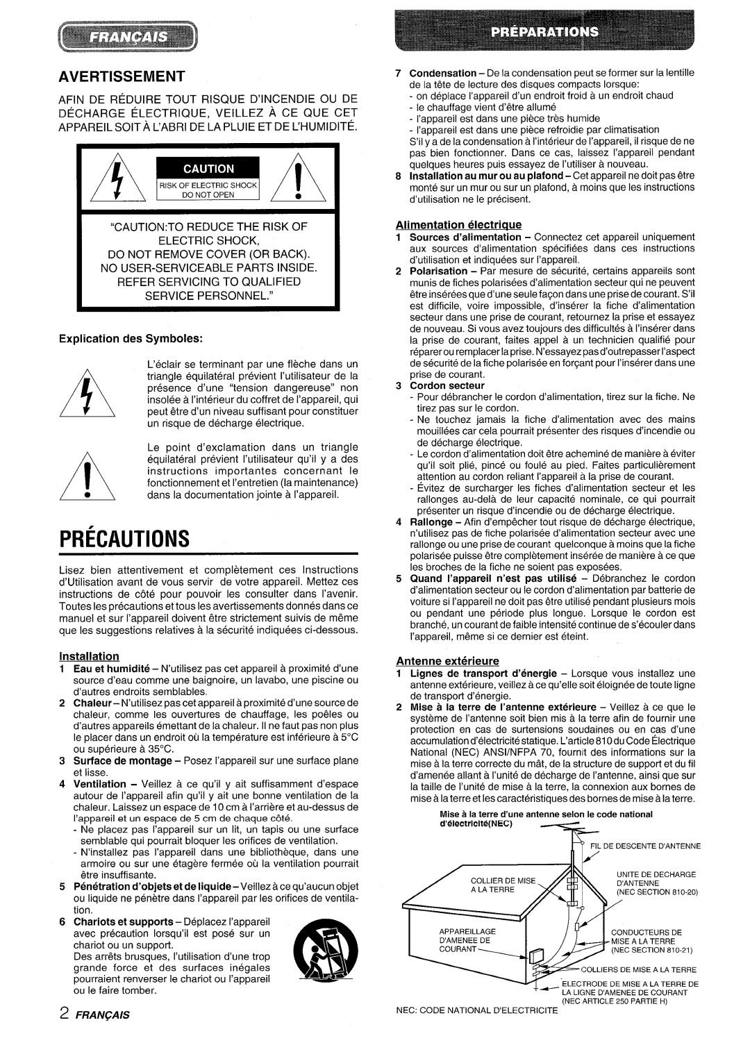 Aiwa XR-M70 manual Avertissement, Appareilsoita L’ABRI DE,LAPLUIE Etde L’HUMIDITE 