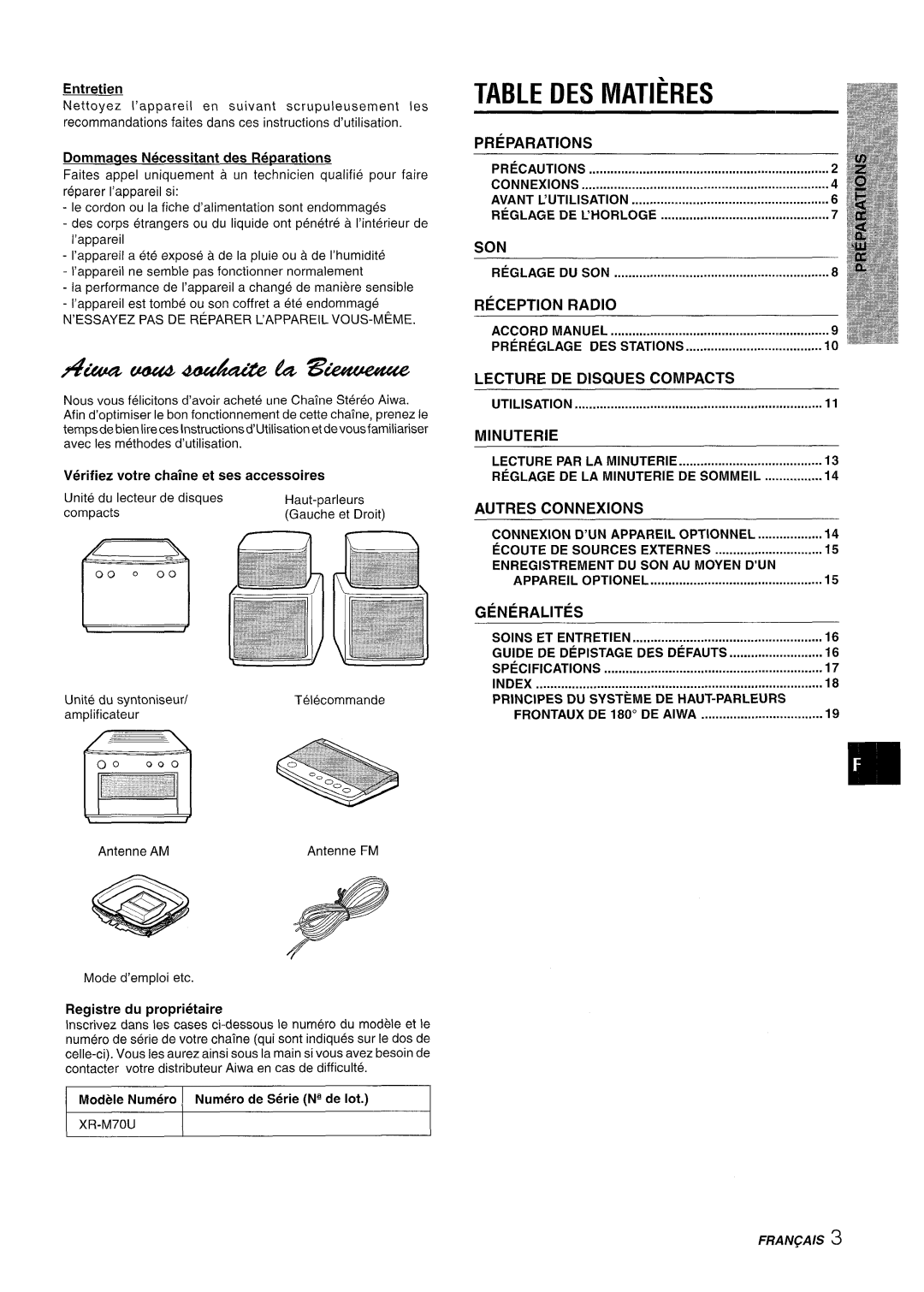 Aiwa XR-M70 manual DES Matieres, Precautions Connexions, Reglage DE L’HORLOGE, Reglage DU SON 