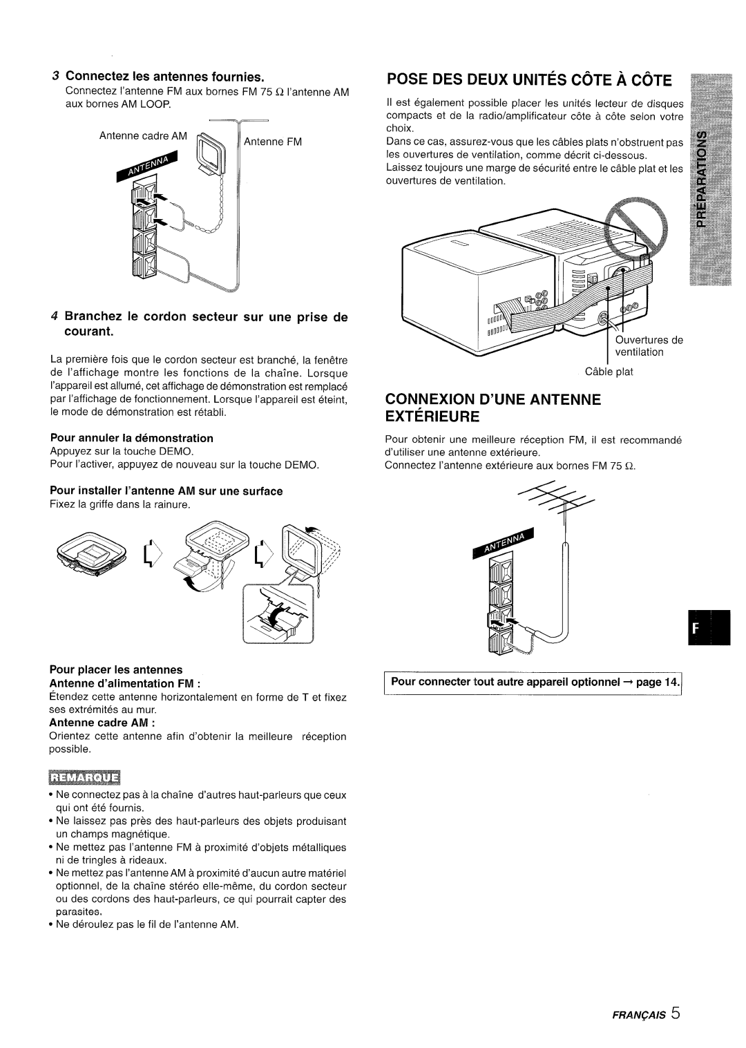 Aiwa XR-M70 manual Pose DES Deux Unites Cote a Cote, Connexion D’UNE Antenne Exterieure, Cormectez Ies antennes fournies 