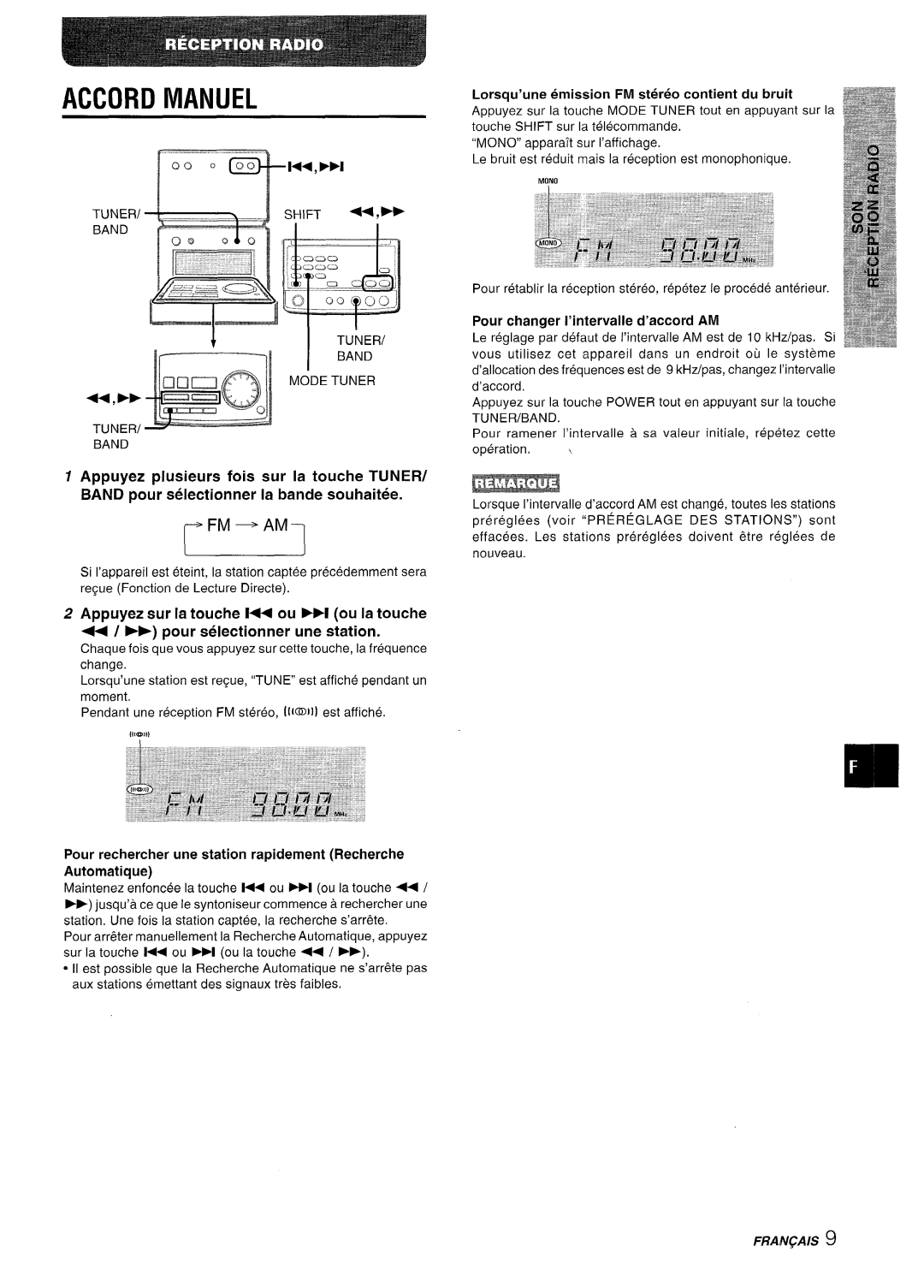 Aiwa XR-M70 manual Accord Manuel, Band TUNER/ ‘W~ 