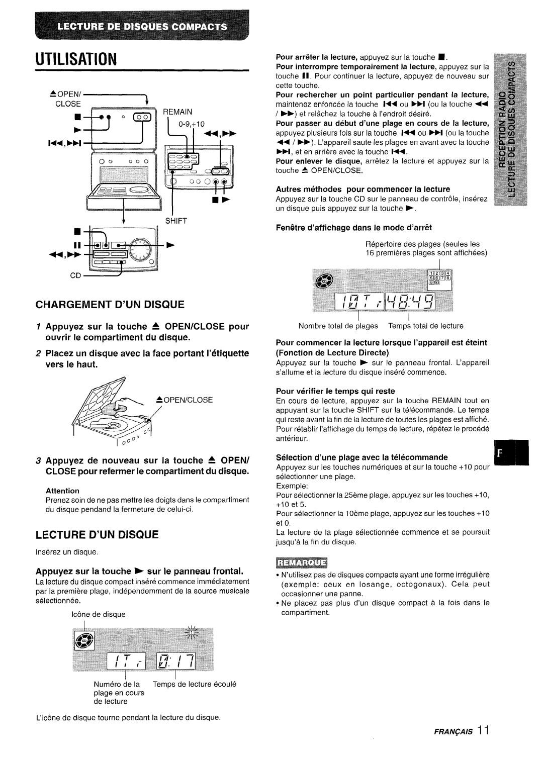 Aiwa XR-M70 manual Utilisation, Chargement D’UN Disque, Lecture D’UN Disque, Selection d’une plage avec la telecommande 