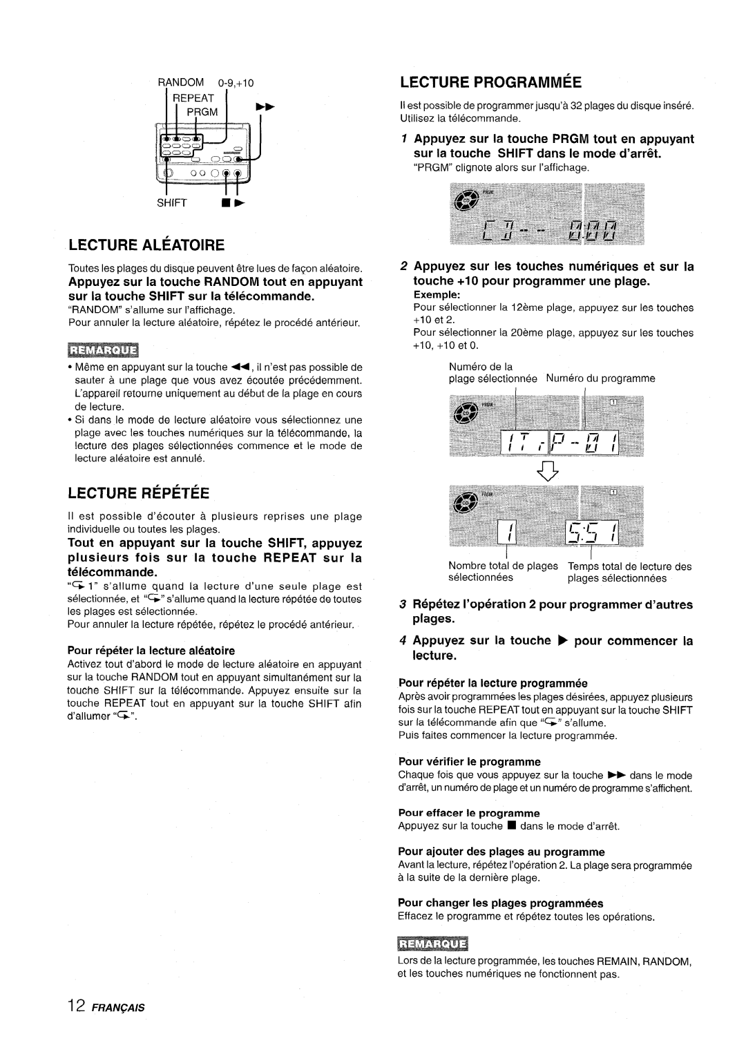 Aiwa XR-M70 manual Lecture Aleatoire, Lecture Programmed, Lecture Repetee 