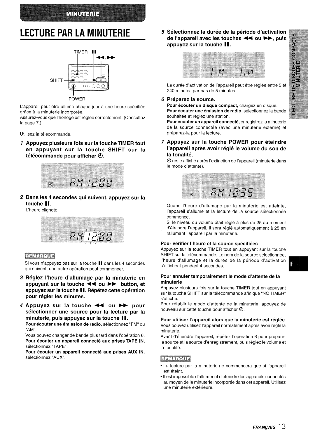 Aiwa XR-M70 manual Lecture PAR LA Minuterie, Preparez la source, Pour verifier I’heure et la source specifiers 