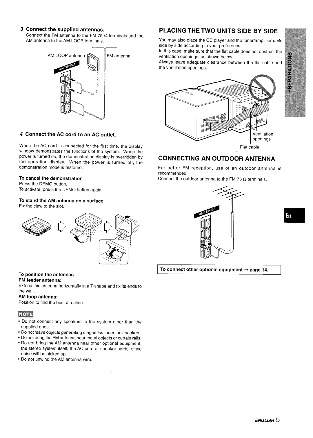 Aiwa XR-M70 manual Placing the TWO Units Side by Side, Connecting AN Outdoor Antenna, Connect the supplied antennas 