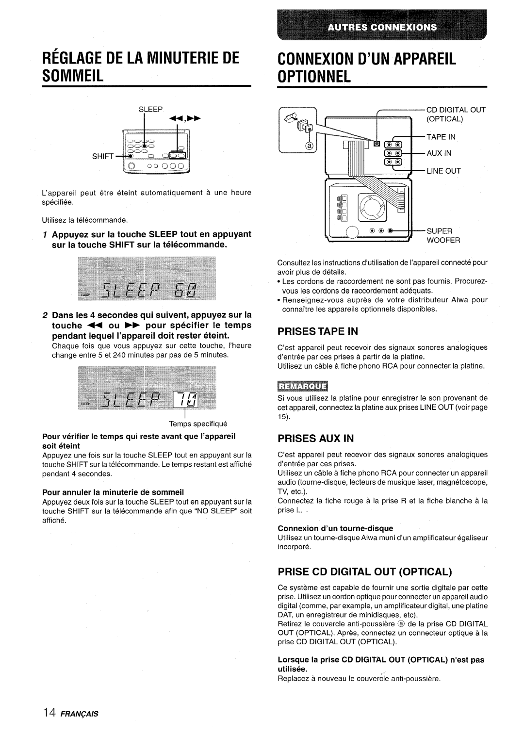 Aiwa XR-M70 manual Reglage DE LA Minuterie DE Sommeil, Connexion ’UN Appareil Optionnel, Prises Tape, Prises AUX 