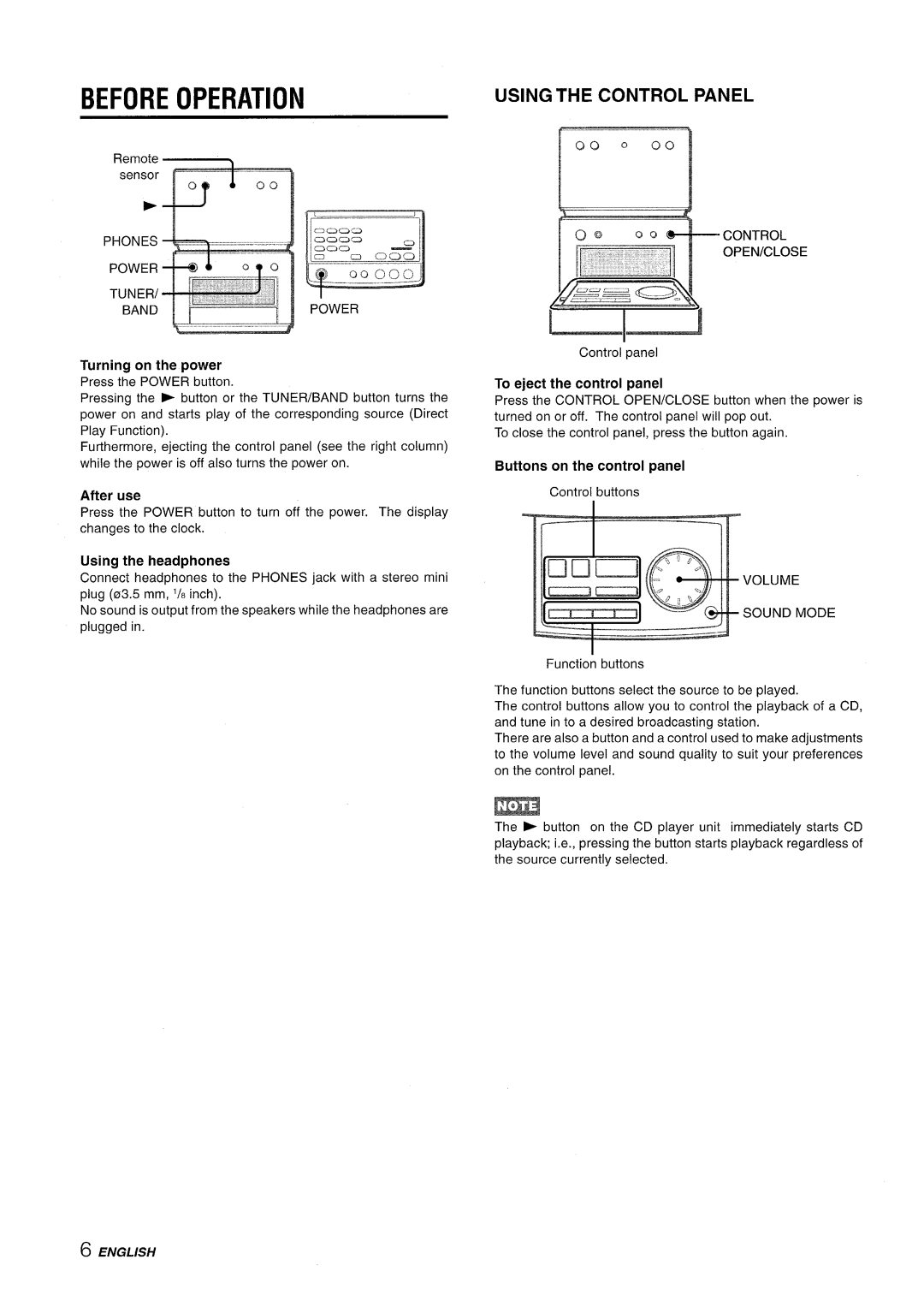 Aiwa XR-M70 manual Before Operation, Using the Control Panel 