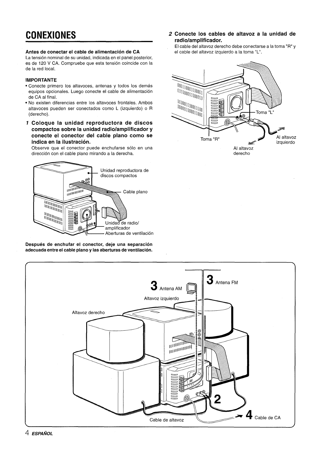 Aiwa XR-M70 manual Conexiones, Conecte Ios cables de altavoz a la unidad de radio/am plificador, Importante, Espanol 