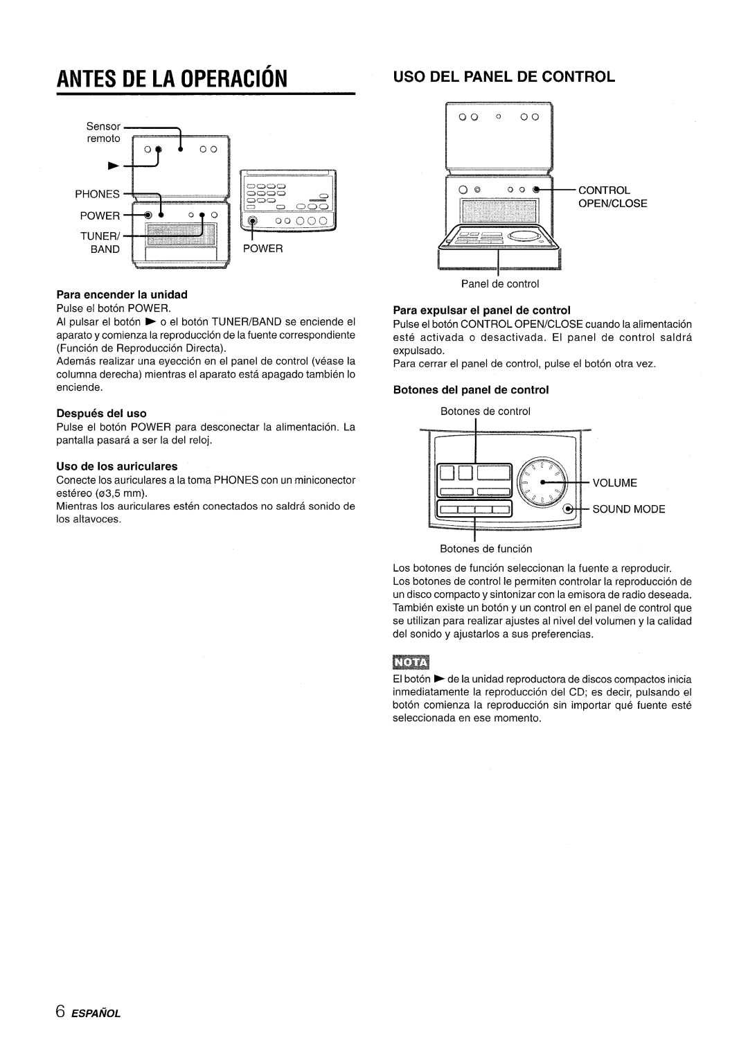 Aiwa XR-M70 manual Antes De La Operacion, Uso Del Panel De Control, Para encender la unidad, Despues del uso, Espanol 