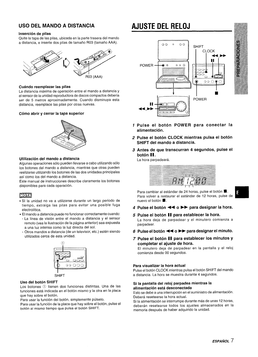 Aiwa XR-M70 manual Ajuste Del Reloj, Uso Del Mando A Distancia, Pulse el boton ++ o FF para designar el minute 
