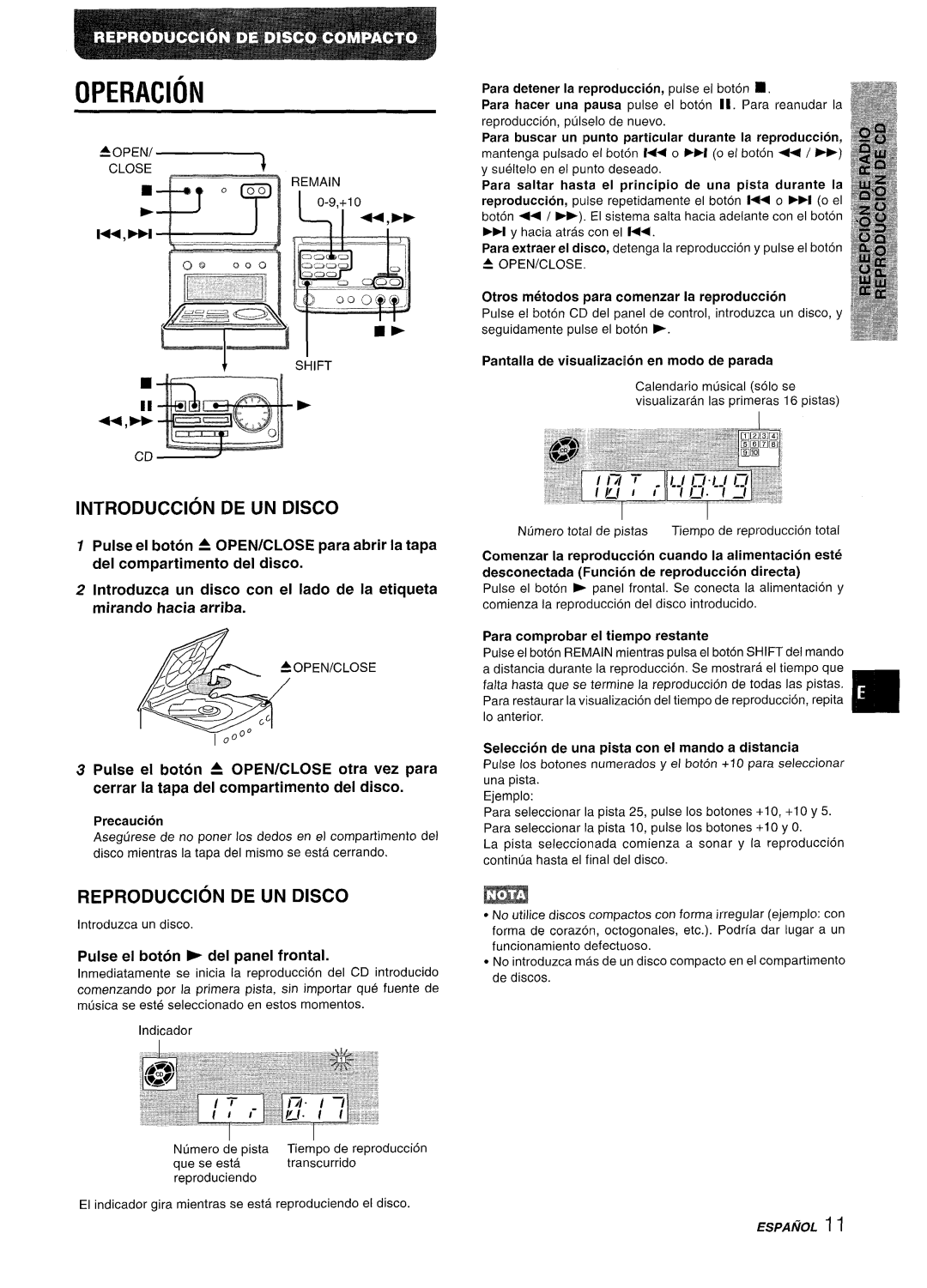 Aiwa XR-M70 Operacion, Introduction De Un Disco, Reproduction De Un Disco, Pulse el boton b del panel frontal, Precaution 