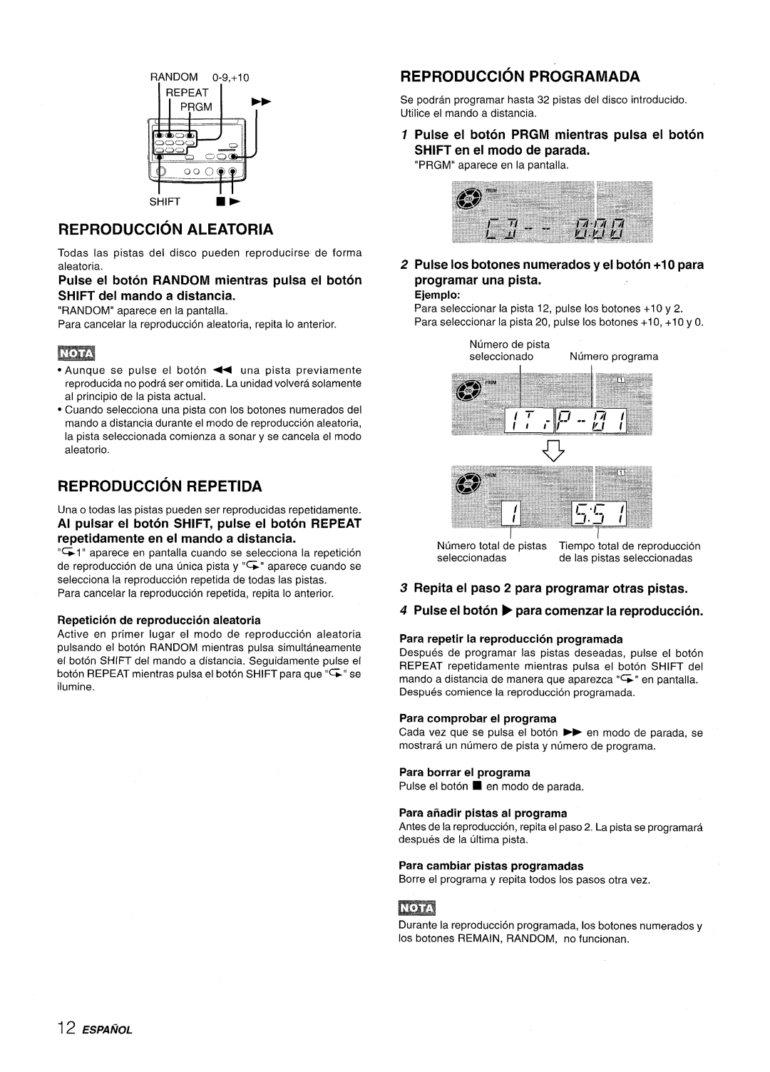 Aiwa XR-M70 Reproduction Aleatoria, Reproduction Programada, Reproduction Repetida, SHIFT del mando a distancia, Ejemplo 
