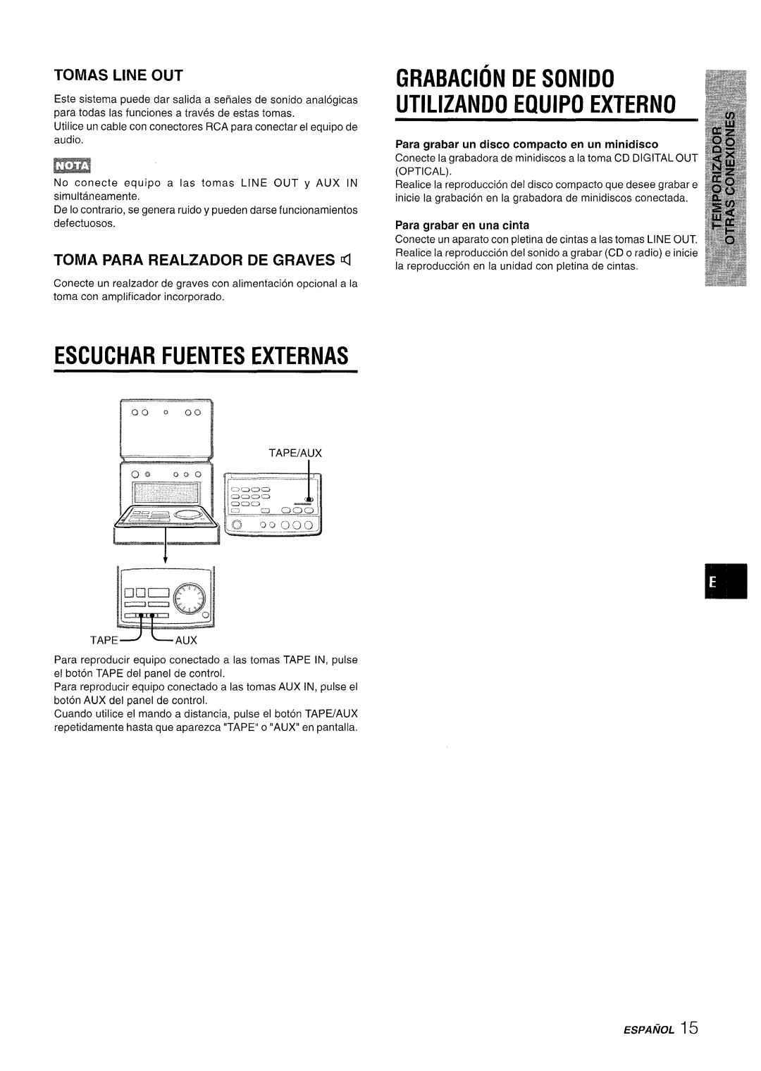 Aiwa XR-M70 manual Escuchar Fuentes Externas, Grabacion De Sonido Utilizando Equipo Externo, ESPAIWL15, Tomas Line Out 